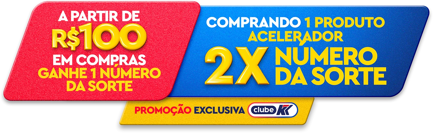 A cada R$100 em compras ganhe 1 número da sorte. Comprando 1 produto acelerador, ganhe 2x número da sorte.